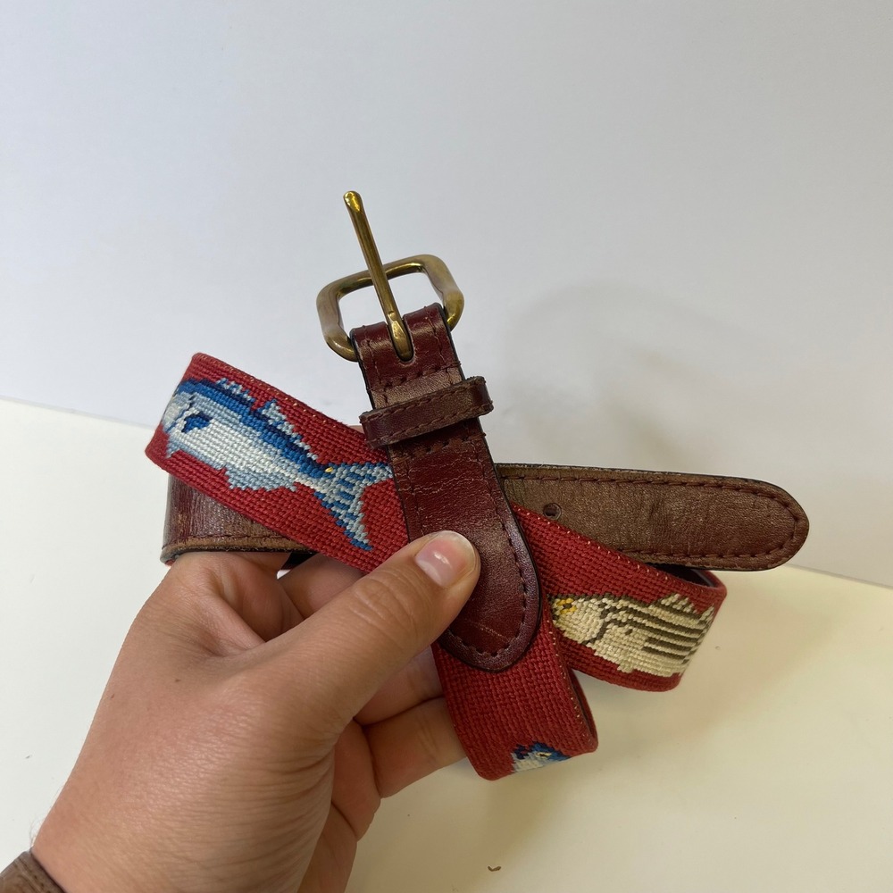 Smathers & Branson Mens Needlepoint Fish Belt Red Leather Brass Size 36 USA